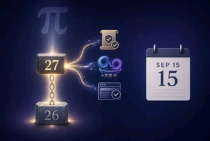 A digital graphic featuring a glowing chain link showing numbers '27' and '26', connected by energy lines to icons including a shield, infinity symbol, and a calendar displaying 'SEP 15', with the Greek letter 'π' in the background.