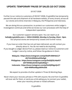 A notice from Cryptobillis dated 10 OCT 2026 titled 'UPDATE: TEMPORARY PAUSE OF SALES', explaining a shipment pause due to a Ledger investigation and providing contact details for customer support in Malaysia, the Philippines, and Indonesia.