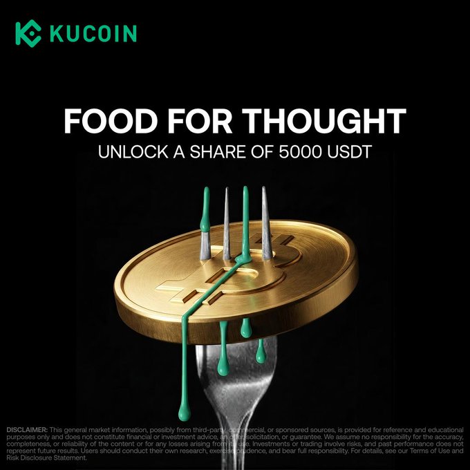 A KuCoin promotional graphic for a "Food for Thought" campaign tied to World Food Day, featuring a gold Bitcoin coin impaled on a fork with green sauce dripping, offering a share of 5,000 USDT (up to 100 USDT each) for signing up and making a first trade. The playful fork-and-coin imagery reinforces the post's "crypto pie" and "feast" messaging, visually linking trading rewards with the food theme.