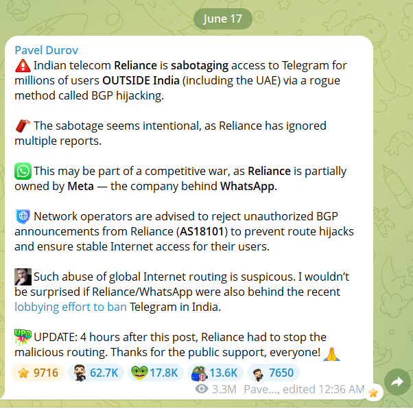 A Telegram post by Pavel Durov from June 17 alleging that Indian telecom Reliance is sabotaging Telegram access via BGP hijacking, possibly linked to Meta/WhatsApp competition, with an update noting Reliance stopped the malicious routing 4 hours later.