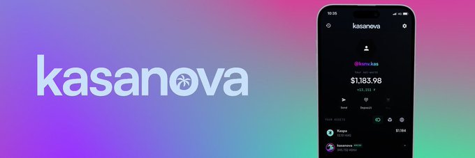 A promotional graphic for 'kasanova' featuring its logo alongside a smartphone displaying a crypto wallet/portfolio app showing an account @kasz.kas with a balance of $1,183.98.