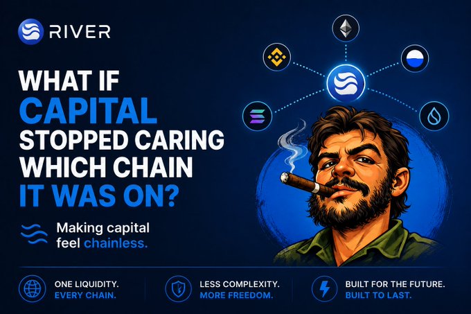 The image is a promotional graphic for "RIVER" (RiverdotInc) featuring a bearded man smoking a cigar, surrounded by connected cryptocurrency logos including Ethereum, Base, and others. The bold text reads "WHAT IF CAPITAL STOPPED CARING WHICH CHAIN IT WAS ON?" with the tagline "Making capital feel chainless," and bottom highlights "ONE LIQUIDITY. EVERY CHAIN," "LESS COMPLEXITY. MORE FREEDOM," and "BUILT FOR THE FUTURE. BUILT TO LAST."

The graphic visually supports the post's thesis that River's true value lies not in its stablecoin satUSD, but in solving DeFi's chain fragmentation by creating a unified, chain-agnostic capital layer—reinforcing the "chainless" message about capital flowing freely across networks.