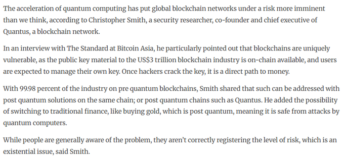 A text excerpt discussing quantum computing risks to global blockchain networks, quoting Christopher Smith of Quantus about vulnerabilities and post-quantum solutions.