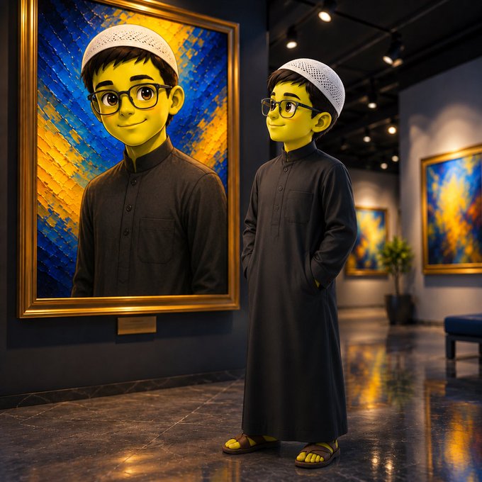 A 3D-rendered character wearing glasses, a white cap, and a long black traditional robe, standing next to its framed portrait in a blue and gold gallery setting.
