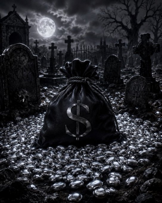 A dark, gothic graveyard scene with a money bag marked with a dollar sign sitting on a bed of silver coins under a full moon.