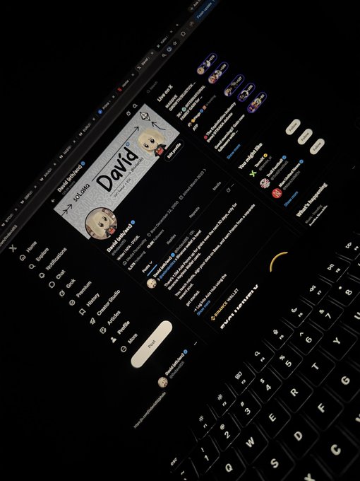 A laptop displays the dark-mode X (formerly Twitter) interface showing a profile page for 'David lays' with a post featuring an anime-style drawing, alongside visible UI elements like Home, Explore, Notifications, and a Post button.