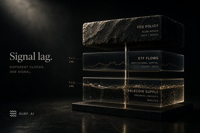 A 'SURF AI' branded image illustrating 'Signal lag' with three layers representing 'FED POLICY' (days/weeks), 'ETF FLOWS' (hours/days), and 'STABLECOIN SUPPLY' (minutes).