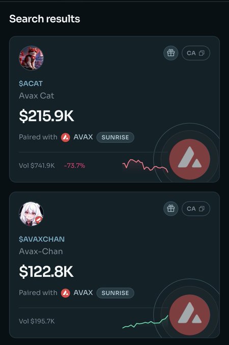 A mobile app screen displays search results for cryptocurrency tokens, showing $ACAT (Avax Cat) at $215.9K with a -73.7% decline, and $AVAXCHAN (Avax-Chan) at $122.8K, both paired with AVAX on SUNRISE.
