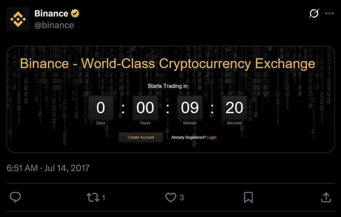 A screenshot of an old Binance tweet from July 14, 2017, showing a countdown timer for 'World-Class Cryptocurrency Exchange' with only minutes and seconds remaining.