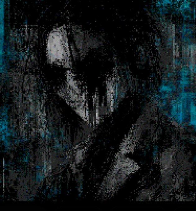 A dark, heavily pixelated/glitchy image of what appears to be a hooded figure or face, rendered in black, gray, and teal/cyan digital noise reminiscent of CCTV surveillance footage.