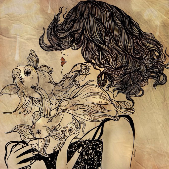 A detailed black ink line art illustration on crumpled paper depicting a woman in profile with flowing hair, surrounded by ornamental goldfish, signed by the artist.