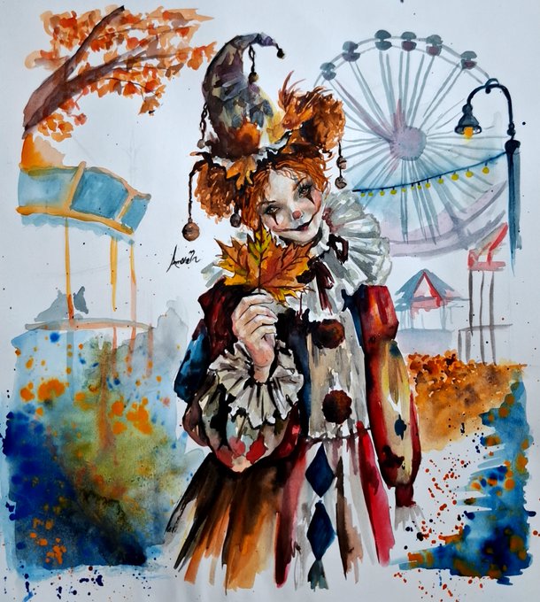 A watercolor painting depicts a clown with orange hair holding autumn leaves, set against a background featuring a Ferris wheel and autumn trees.