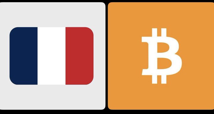 The image shows the French flag (blue, white, and red vertical stripes) on the left next to the Bitcoin (₿) symbol on an orange background on the right, visually representing France's proposed Strategic Bitcoin Reserve initiative to accumulate 2% (420,000 BTC) of Bitcoin's total supply.