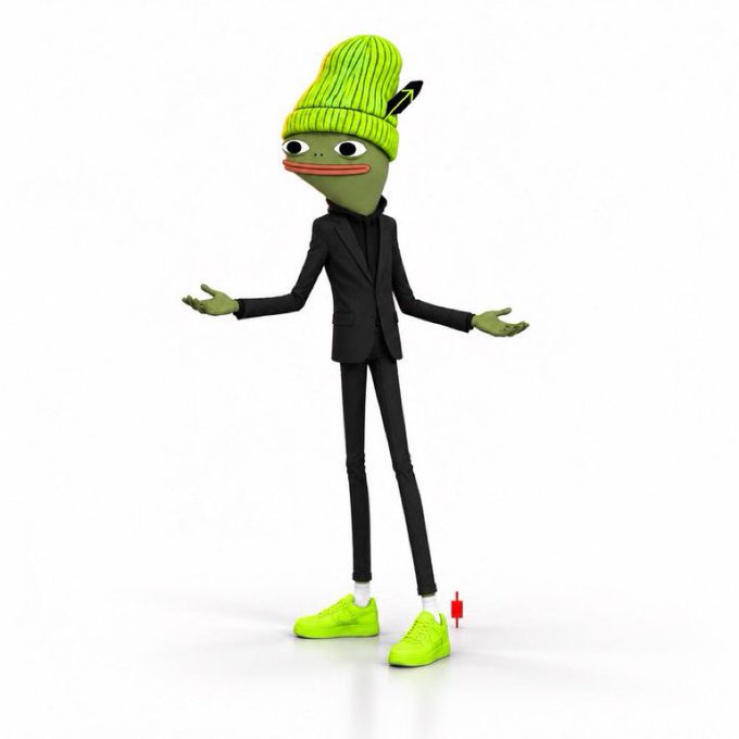 A 3D rendering of a tall, lanky Pepe the Frog character wearing a black suit and bright neon green beanie, sneakers, and skin, shrugging with arms outstretched.