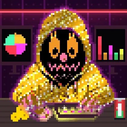 A pixel art character wearing a golden hooded cloak with a menacing face sits at a keyboard, surrounded by computer graphics including a pie chart, bar graph, and a drink.