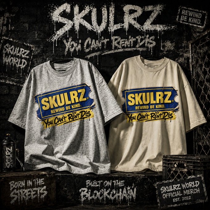 A promotional display of 'SKULRZ' branded merchandise, featuring two t-shirts with a 'SKULRZ REWIND BE KIND. YOU CAN'T RENT DIS' ticket design, set against a gritty background with text like 'SKULRZ WORLD', 'BORN IN THE STREETS', and 'SKULRZ WORLD OFFICIAL MERCH EST. 2022'.
