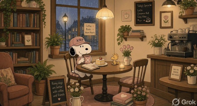 A cozy coffee shop scene featuring a Peanuts-style Snoopy character wearing an XRP cap, sitting at a table with a 'Today's Special: Latte, Cinnamon Roll, Cozy Vibes' chalkboard sign, generated by Grok.