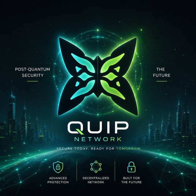 A promotional graphic for 'QUIP NETWORK' featuring a neon green and blue butterfly logo, with text highlighting 'POST-QUANTUM SECURITY', 'THE FUTURE', and features like 'ADVANCED PROTECTION' and 'DECENTRALIZED NETWORK'.