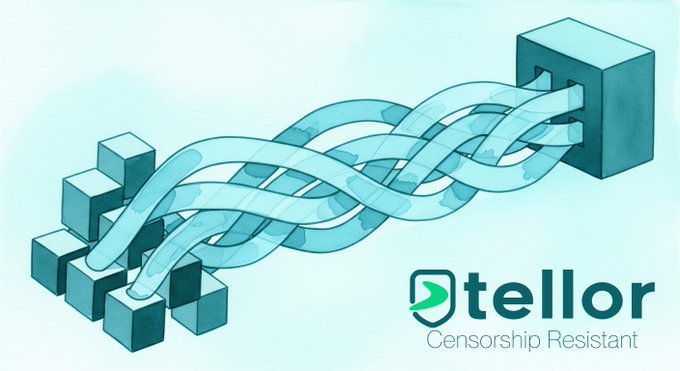 A logo for 'tellor Censorship Resistant' featuring an illustration of intertwined translucent tubes connecting two cubic structures.