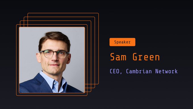 A speaker profile card featuring a photo of a man in a suit and glasses, identified as 'Sam Green, CEO, Cambrian Network.'
