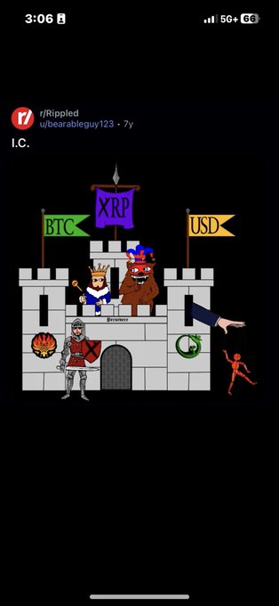 A pixel-art castle scene depicting a battle between three crypto factions—BTC, XRP, and USD—tied to a Reddit post predicting a "dollar collapse, XRP moon, BTC collapse," with XRP king and armored knight triumphantly standing at the gates, the BTC bear defeated, and the USD figure (a person) puppet-controlled and hanging defeated on the right.