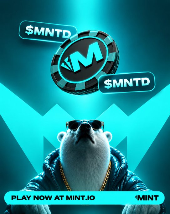 A promotional graphic for the MINT ($MNTD) cryptocurrency token features a cool-looking rat wearing sunglasses and a gold chain, with text reading 'PLAY NOW AT MINT.IO' and '$MNTD' tags.