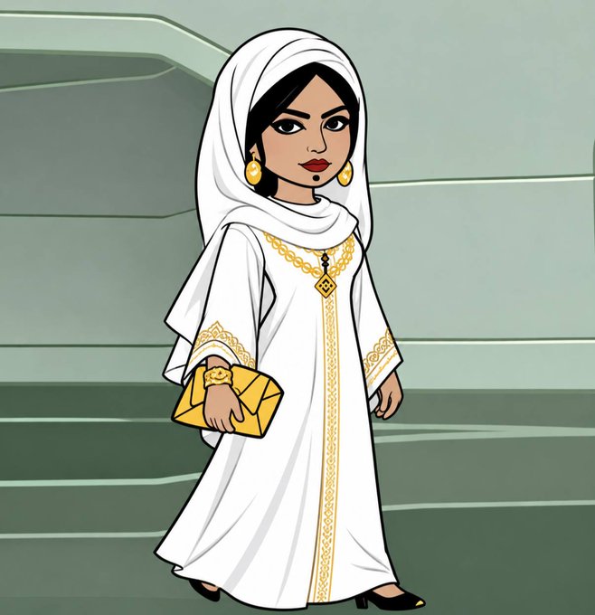 A cartoon illustration of a dark-haired woman wearing a white traditional hooded dress with gold trim, holding a yellow clutch purse.