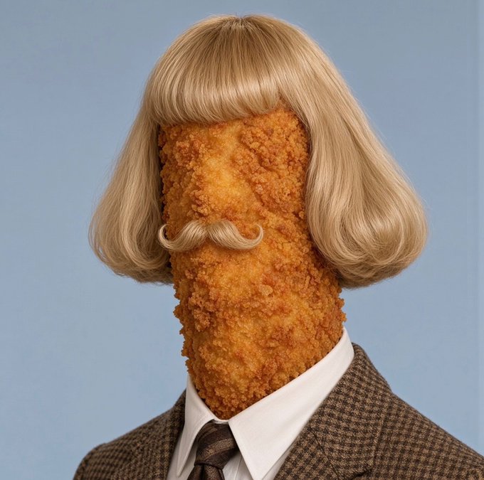 A surreal, humorous portrait of a person wearing a brown checkered suit and a blonde bob wig with a curled mustache, but their face has been replaced with a piece of fried chicken.