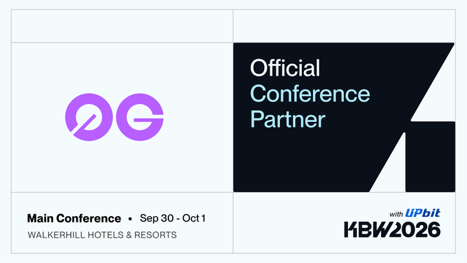 A promotional banner for an Official Conference Partner with a purple 'OG' logo, advertising the Main Conference at WALKERHILL HOTELS & RESORTS from Sep 30 - Oct 1, in partnership with Upbit for KBW2026.