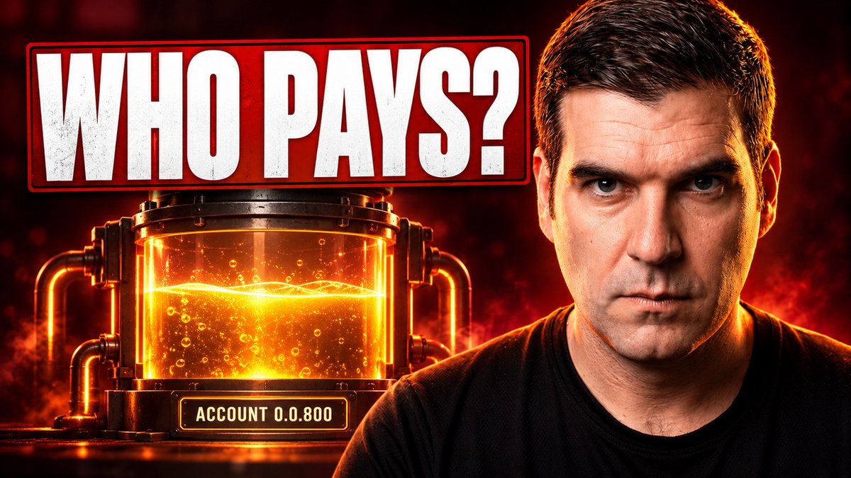 A YouTube-style thumbnail showing a man's face on the right with an intense expression, alongside bold 'WHO PAYS?' text and an industrial container labeled 'ACCOUNT 0.0.800' with glowing orange liquid.