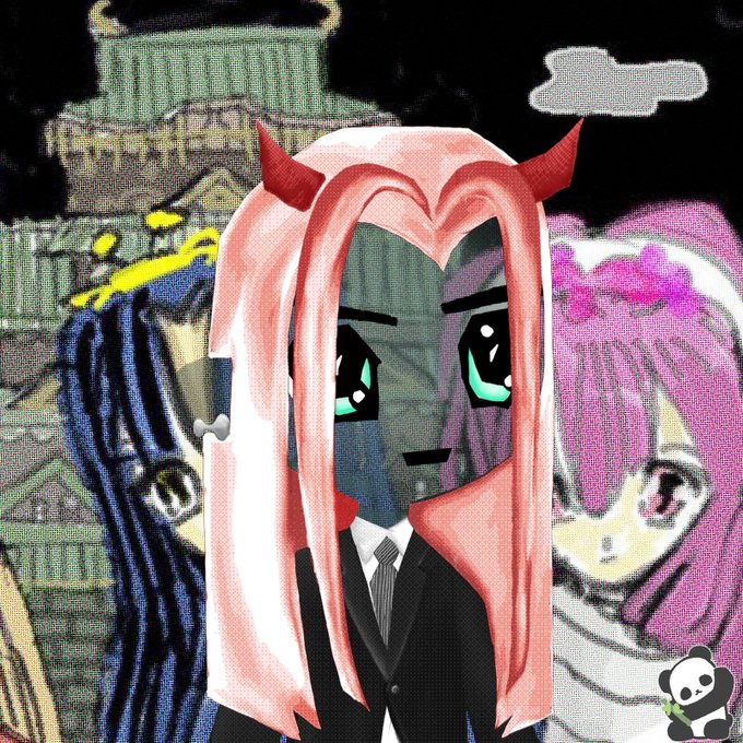 An anime-style digital illustration featuring a pink-haired figure in a suit in the foreground, with other characters and a building in the background, and a small panda logo in the corner.