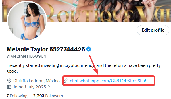 A Twitter profile for 'Melanie Taylor' (@Melanie1166964) with a WhatsApp link highlighted by a red arrow, claiming recent success investing in cryptocurrency.