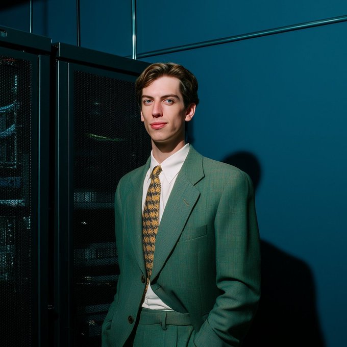 A young man in a green suit and patterned yellow tie stands confidently in front of server racks, channeling the poised desperation of a freshly liquidated finance bro redirecting his server room access toward cracking a Coldcard Mk3 hardware wallet before the wedding bells ring.
