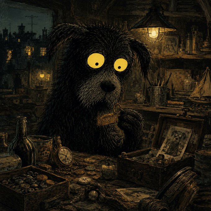 An illustration in the style of Edward Gorey featuring a shaggy black creature with glowing yellow eyes holding a tag labeled 'SCRUFFO' in a dimly lit, cluttered room filled with bottles, coins, a clock, and a small portrait.