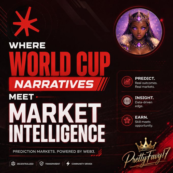 A dark-themed promotional graphic asking 'Where World Cup Narratives Meet Market Intelligence,' featuring 'Pretty Fairy 17' and highlighting prediction markets as 'Decentralized, Transparent, Community Driven.'