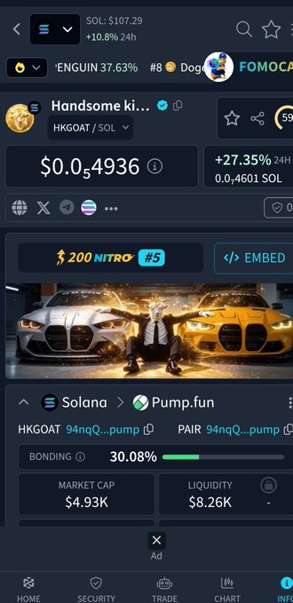 A screenshot of a cryptocurrency trading app showing Solana (SOL) at $107.29 with a +10.8% 24h change, displaying a token called 'Handsome ki...' (HKGOAT/SOL) priced at $0.04936 with 30.08% bonding on Pump.fun.