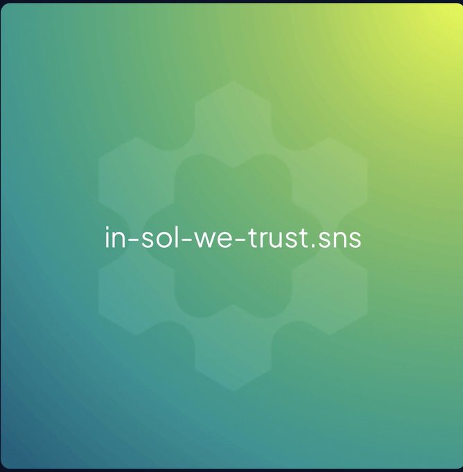 A gradient green-blue background featuring a hexagonal honeycomb logo pattern with the text 'in-sol-we-trust.sns' centered on the image.