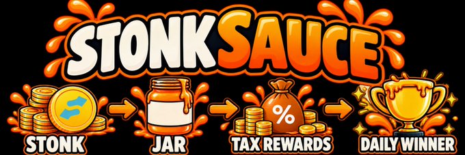 A bold, orange-themed banner for the Solana token $STONKSAUCE displays a four-step process showing stacks of $STONK coins flowing into a jar, then into tax rewards with a percentage bag, and finally culminating in a golden trophy labeled "DAILY WINNER"—visually representing the token's reward distribution and community incentives.