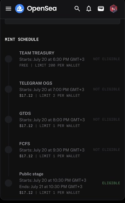 An OpenSea app screenshot displays a MINT SCHEDULE with stages including TEAM TREASURY, TELEGRAM OGS, GTDS, FCFS, and a Public stage, with timestamps from July 20-21 GMT+3 and prices listed at $17.12.