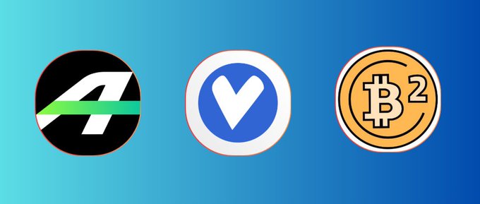 Three cryptocurrency or token logos displayed against a blue gradient background: a black and green 'A' logo, a blue circle with a white 'V', and a gold Bitcoin-style coin with a '2' symbol.
