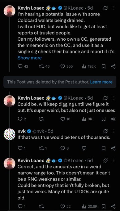 A screenshot of a tweet thread by Bitcoin developer @KLoaec warning that some Coldcard wallets may be getting drained, urging users who generated their mnemonic on the device to check their balances. The tweet shows 192K views and sparked discussion, with @nvk noting that if the issue were real, "tens of thousands" of wallets would be affected, directly tying into the caption's claim that this warning may have saved users significant Bitcoin funds.