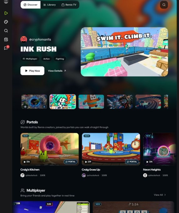 A screenshot of the Remix TV app interface featuring the game 'INK RUSH' by @cryptomanfis, with categories like Portals and Multiplayer showing titles such as 'Craig's Kitchen', 'Craig Goes Up', and 'Neon Heights'.