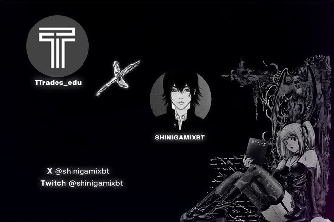 The image is a promotional graphic for a collaborative podcast featuring "TTrades_edu" and "SHINIGAMIXBT," displaying their social media handles (@shinigamixbt on X and Twitch) alongside anime-style artwork of a male character in a circle and a blonde female figure in gothic attire. The dark, anime-inspired aesthetic complements the post's casual mention of "gm lads" and the upcoming Thursday podcast announcement.