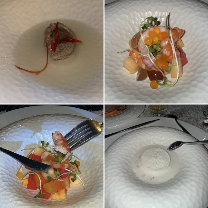 A four-panel collage of fine-dining dishes on textured white plates, including a braised mushroom with red sauce, a colorful seafood and fruit salad with orange roe, a shrimp dish being eaten with a fork and knife, and a dessert in a white sauce with a spoon.