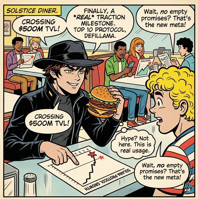 The image depicts an animated scene where a man, dressed as a private detective character with a fedora hat, is sitting at a table holding up an upside-down sandwich with two slices of bread and cheese slices placed in front of him on top of a piece of graph paper. The other characters are engaged in conversations around the table.

The image also contains text that reads, "What people use is starting to matter more than what people say in crypto." This phrase implies that the focus should be on real-world usage rather than abstract concepts or ideas related to cryptocurrency. Additionally, there's a reference to Solana with $500M TVL, suggesting that the image might be related to crypto trends and discussions among users who are actively participating in this digital currency space.
