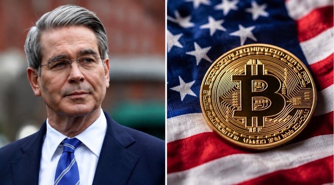 U.S. Treasury Secretary Scott Bessent appears alongside a physical Bitcoin coin resting on an American flag, visually reinforcing his reported support for the CLARITY Act and a Strategic Bitcoin Reserve to maintain U.S. leadership in crypto.