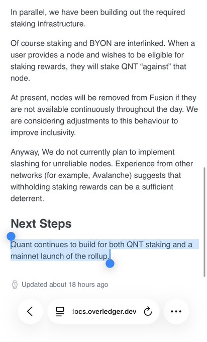 A mobile screenshot shows a development update from overledger.dev discussing QNT staking infrastructure, mentioning BYON nodes, Fusion availability requirements, and plans for a QNT staking and mainnet rollout. The "Next Steps" section confirms Quant continues building for QNT staking and a rollup mainnet launch, aligning with the post announcing QNT staking is loading.