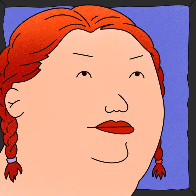 A cartoon-style illustration of a red-haired girl with two braids and red lips against a blue pillow background.