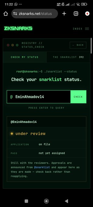 A mobile screenshot of 'zksnarks.net/status' shows a registry status check for '@Em1nAhmadov14', displaying an 'under review' status with 'PASS not yet assigned'.