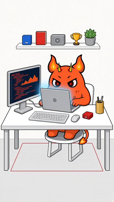 A fiery orange demon named Blaze sits at a desk intensely coding on a monitor labeled "#RC1045" with charts and code displayed. The image ties to "$RON" through a workspace setup featuring a trophy, books, and a small rocket ship, suggesting crypto trading or development.